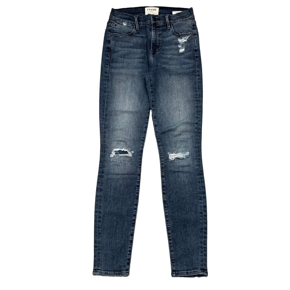 Frame Le High Skinny Magellan Distress Patching Jeans 26 (25x28.5) Blue Womens